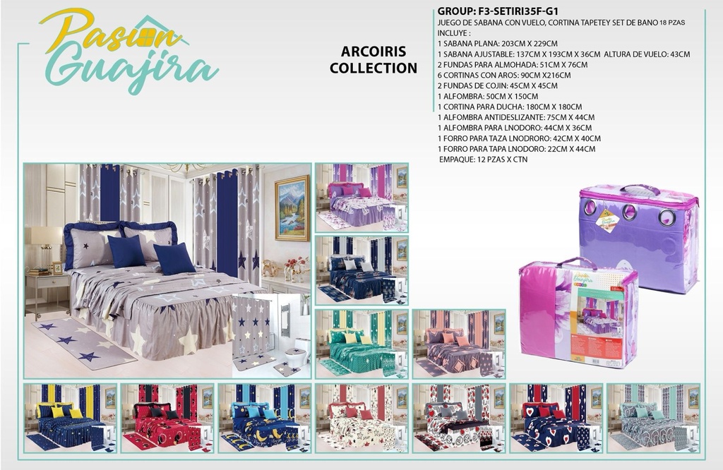 Juego de sábana con cortina, alfombra y set de baño Arco Iris