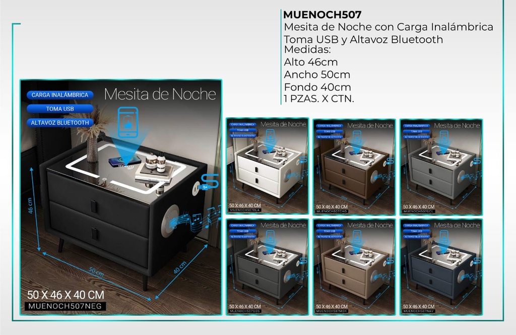 Mesita de noche con carga inalámbrica