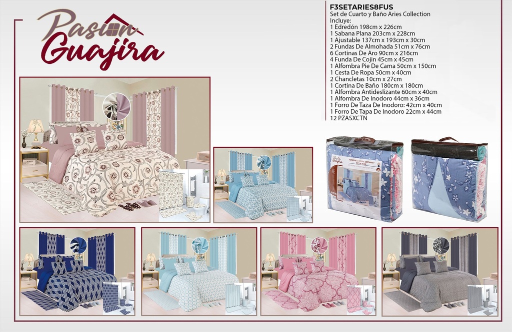 Juego de sábana con cortina, alfombra y set de baño Aries US