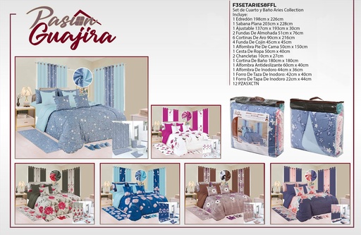 Juego de edredón con cortina, alfombra y set de baño Aries FL 
